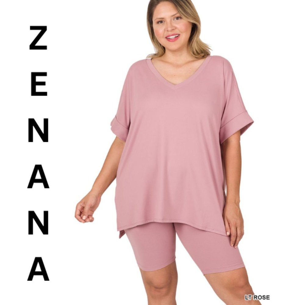 Zenana Plus Brushed DTY Microfiber V-Neck Top & Biker Shorts
